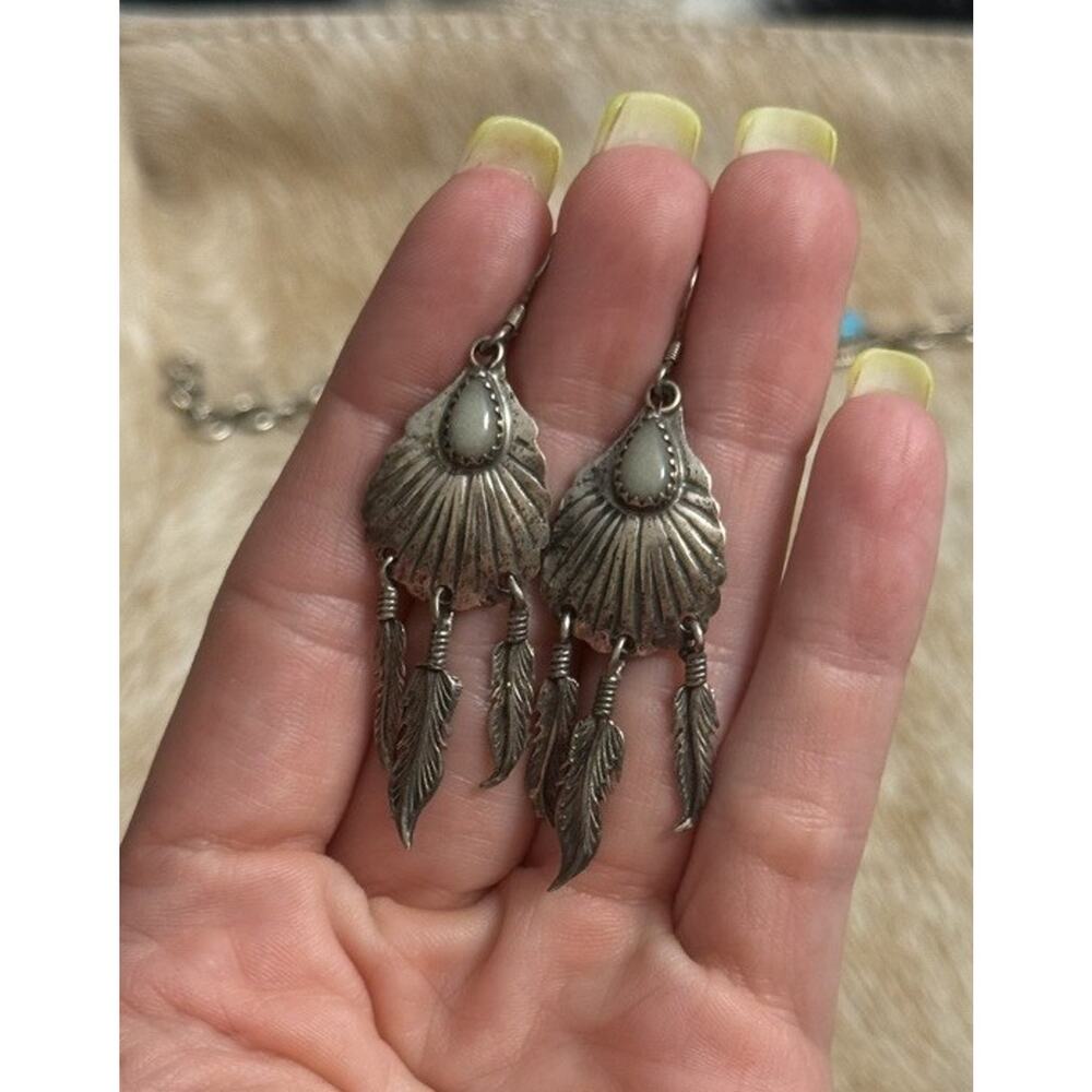 Vintage Sterling Silver Mother Pearl Feather Dangle Post Studs Earrings 925